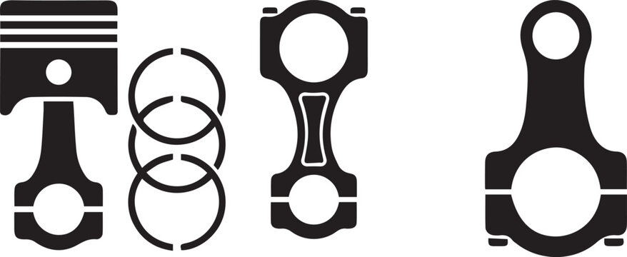 Black vector silhouettes of car engine piston, piston rings, and connecting rods set isolated on white background