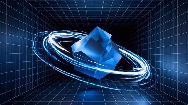 Transparent blue cubes surrounded by glowing light in grid space