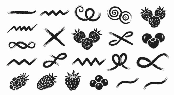 Vector set of hand-drawn chalk style berry illustrations including strawberries, raspberries, and blackberries with decorative charcoal strokes, swirls, and zigzag lines.