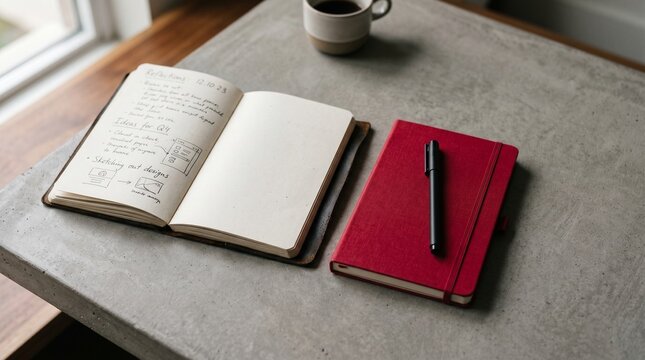 A quiet study desk bathed in natural light, open notebook with equations, red journal closed beside coffee cup, symbolizing focus, learning, and contemplative productivity.