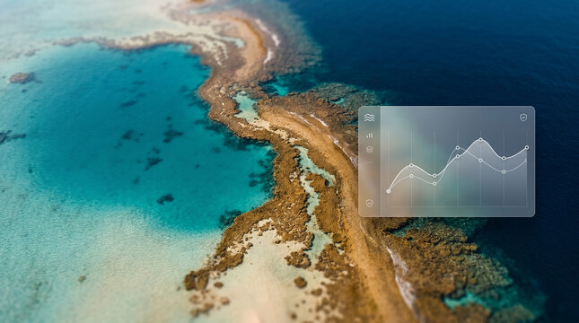 Premium parametric insurance platform UI tracking coral reef wave attenuation analytics over minimalist marine barrier reef aerial view