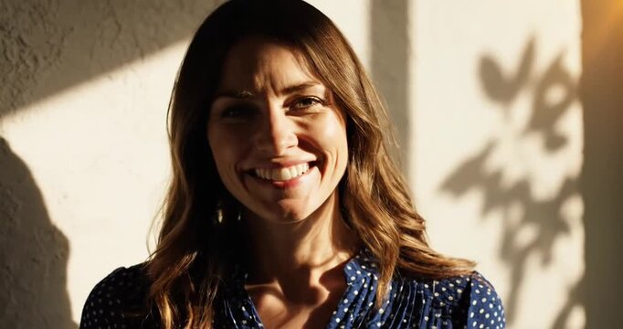 Smiling woman in a blue polka dot blouse standing by a sunlit wall with shadows