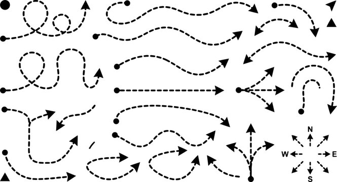 Large vector collection of minimalist dashed black arrows with solid start points, featuring various straight, curved, looping, and multi-directional indicators alongside a compass rose on a white bac