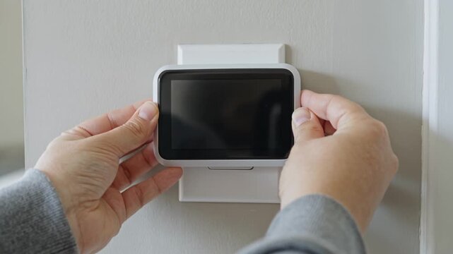 Close-up of Hands Installing a Smart Home Thermostat on a Wall.