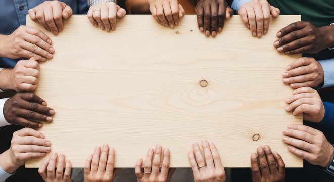 Diverse hands holding wooden board, teamwork and unity concept, collaboration background, multicultural group support