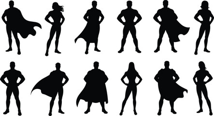 Diverse Silhouettes of Male and Female Superheroes in Dynamic Poses on White Background woman © Khadabox Mrida