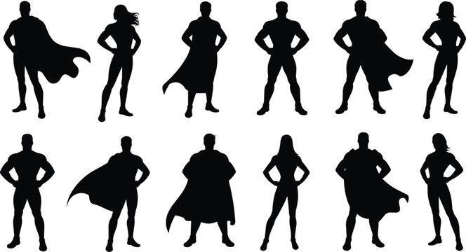 Diverse Silhouettes of Male and Female Superheroes in Dynamic Poses on White Background woman