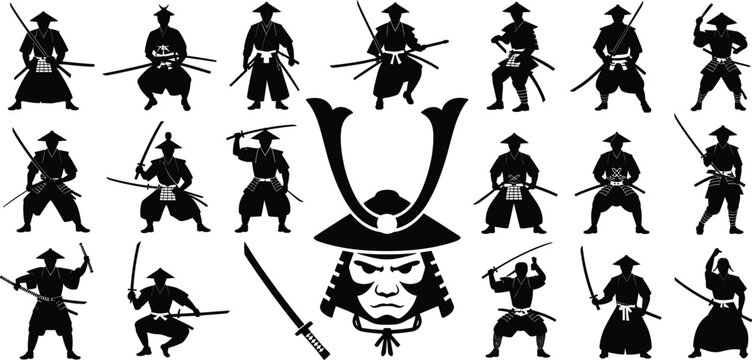 Collection of Samurai Warrior Silhouettes and Helmet Icon illustration vector