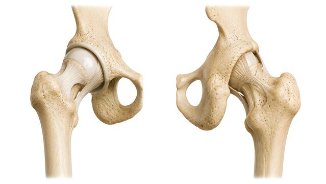 Human hip joint anatomy featuring anterior and posterior views isolated on a clean white background.