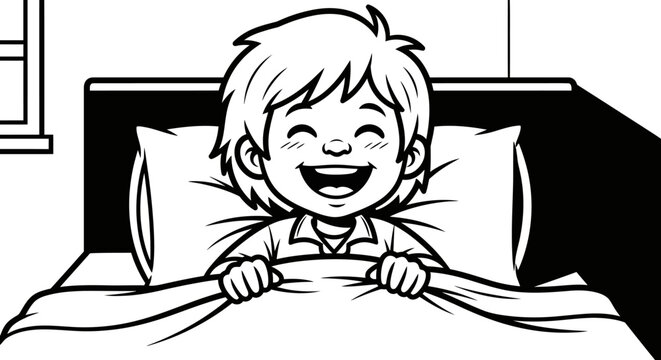 Smiling boy in bed happy.