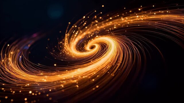 Golden spiral vortex with glowing light trails and dark space background