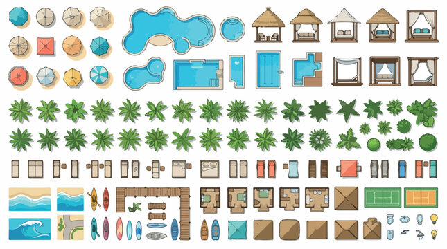 Top view landscape design elements, architectural site plan icons for resort and pool layout, vector garden and patio furniture set
