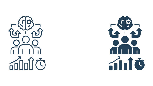 Advanced analytical thinking and business performance growth vector icon set with brain gears and timing progress charts for strategic management