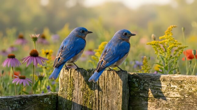 Two Eastern Bluebirds Perched On A Wooden Fence Scenic Photography bluebird sialia sialis songbird