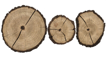 Three circular cross-sections of tree trunks showing visible growth rings and cracked bark textures isolated on a plain white background surface © Monir