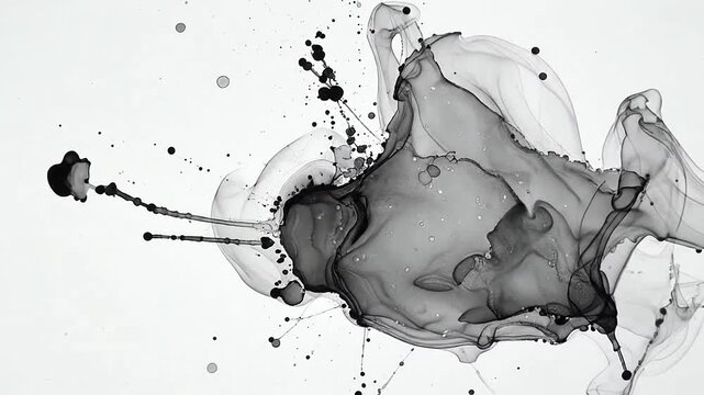 A dark liquid splash creates an abstract floral pattern on a white background