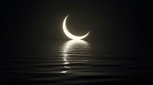 A glowing crescent moon reflects over the dark surface of a calm ocean at night