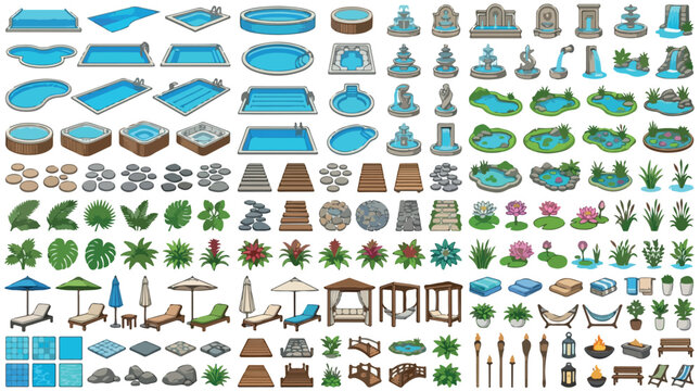 Isometric swimming pool and backyard landscape design elements, outdoor garden furniture and water fountain set, 100 vector icons for patio planning