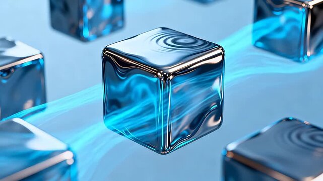 Translucent blue glowing cubes floating in light blue sci fi space