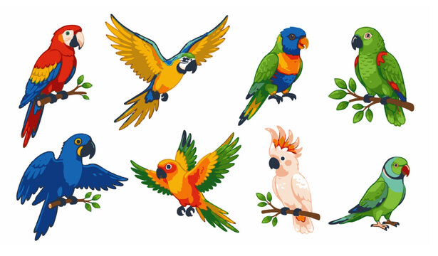 Tropical Parrot Set with Colorful Feathers and Wings Vector Cartoon Illustration Isolated on White Background