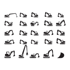 Excavator Boom and Arm Glyph Icons Excavator boom configurations and digging arm equipment icon set. © Alamin