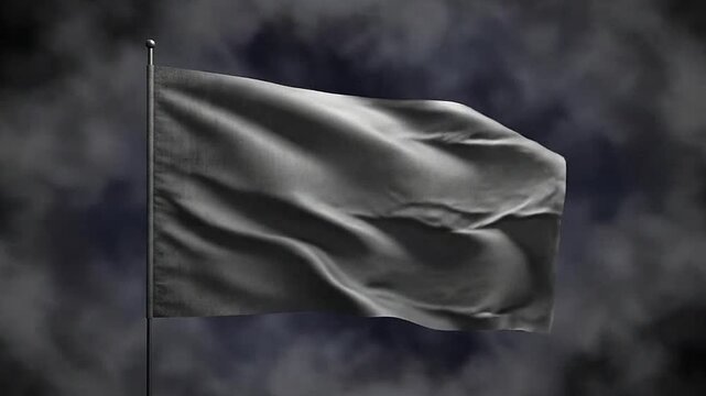 A plain dark grey flag waving against a backdrop of moody storm clouds