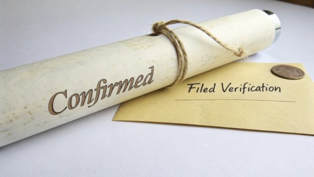 Rolled Document with Confirmation Text and Filed Verification Letter on White Surface for Administrative Purposes and Official Use