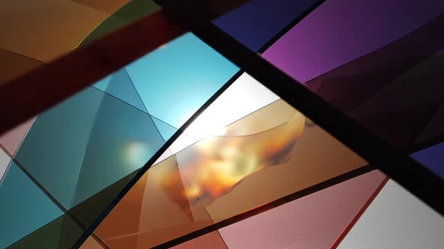 Abstract composition of colorful translucent glass panels with central backlighting