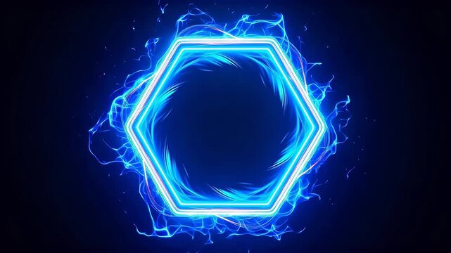 Blue neon hexagon frame with surrounding pink light lines in dark background