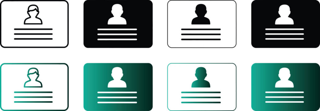 Collection of 8 id card icons in various colors and styles for user identification and profile representation