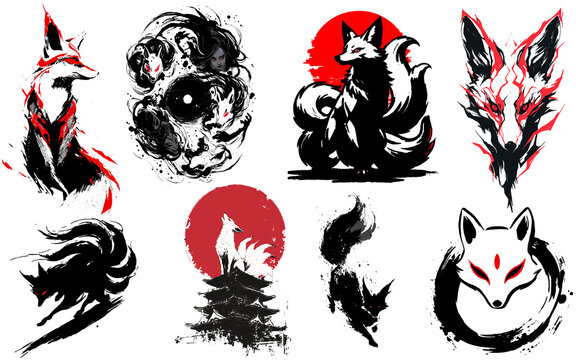 Huit Mod&egrave;les d'esprit yokai kitsune, renard blanc
