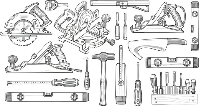 Vintage Woodworking Tools Engraving Style Illustration Set with Circular Saw, Hand Plane, Miter Saw, Spirit Levels, Hammer, and Carpentry Equipment Sketch Vectors