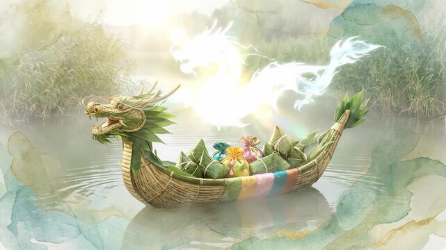 Dragon boat displaying detailed craftsmanship, cultural celebration event featuring traditional zongzi, mythological dragon spirit ascending from water, Asian holiday festivity.
