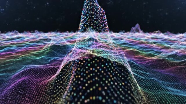 Abstract digital terrain composed of colorful glowing particles and wireframe waves against a dark background