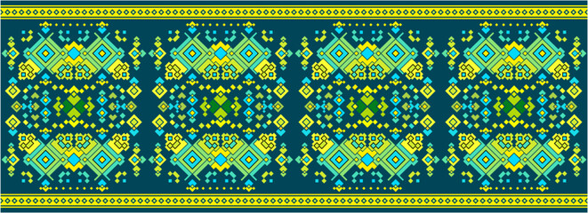 Geometric textile decorative pattern vector illustration design featuring floral motifs in teal, turquoise, and white with cross-stitch style for fabric, embroidery, and cultural art resources © Hassan