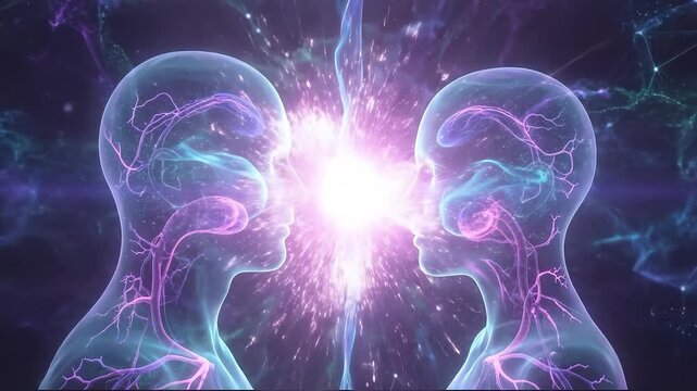 Two Glowing Human Heads Connecting Through Digital Neural Networks