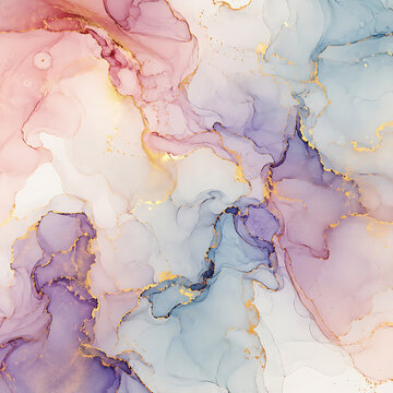 Luxury abstract alcohol ink art, fluid paint movement, colorful ink pools, translucent liquid layers, organic marble waves, shimmering gold veins, polished glossy finish, soft white base, elegant prem
