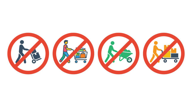 Four colorful forbidden signs showing people pushing various carts and boxes