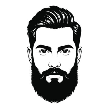 Vector illustration of a handsome man with a thick beard and styled pompadour hair. High-contrast black and white line art portrait of a male face isolated on white background.