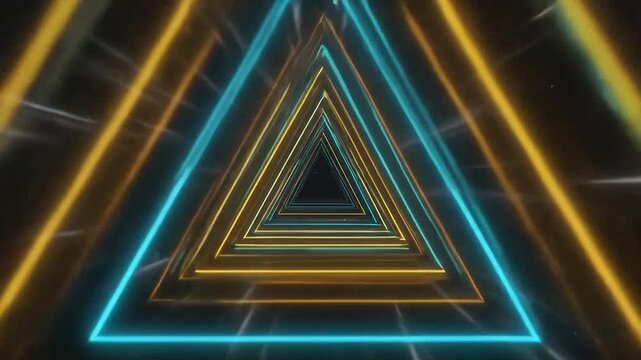 A glowing tunnel of neon triangles creates a futuristic sense of infinite motion