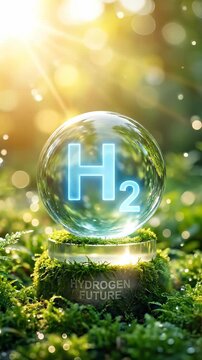 Glowing hydrogen molecule symbol sphere demonstrating clean energy future, sustainable alternative fuel technology, surrounded by lush green moss, natural foliage, sunlit environmental light.