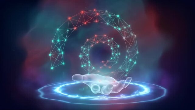 Glowing Digital Spiral Hovering Above Human Hand 3d Animation