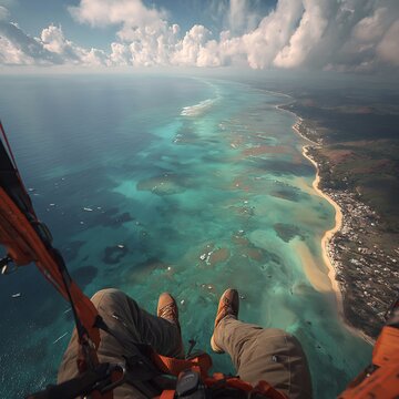 First person perspective POV of a paraglider's legs and boots dangling high above a tropical coastline and turquoise sea