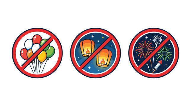 Three circular warning signs prohibiting party balloons and floating lanterns and bright colorful firework displays