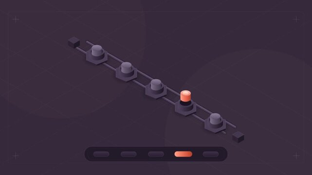 Abstract 3D isometric animation of glowing orange nodes in a sequence on a dark tech interface representing loading progress or data processing