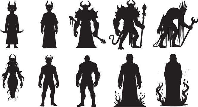 Dark fantasy character silhouette collection featuring ten distinct demonic figures, armored warriors, hooded cultists, and mystical creatures isolated on a white background.