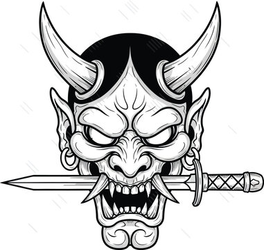 Japanese Oni demon mask with sword in mouth closeup