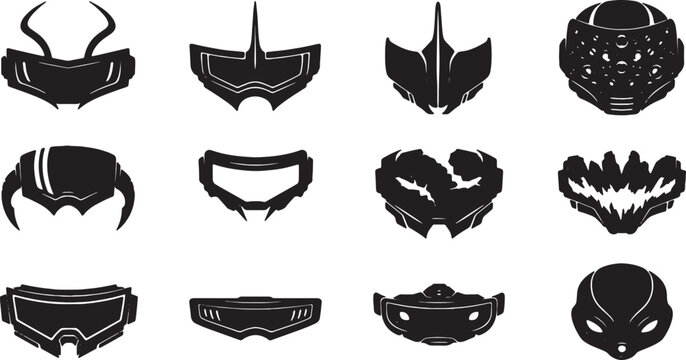 A collection of twelve minimalist black silhouette icons representing futuristic sci-fi masks, cybernetic visors, and high-tech headgear designs isolated on a white background for design.
