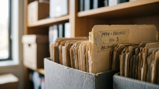 Vintage file folders in cardboard box, old records labeled 1994 Records Vol 3 Archive, paper documents on shelf, close-up, information storage, historical data, document organization, office supplies.