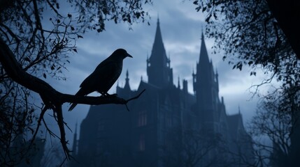 Obraz premium Silhouette of a crow on a branch with a castle